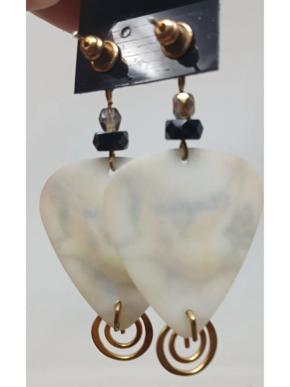 Clayton Guitar Pick Earrings Dove GoldTone Swirls Black Beads Handmade #J1-P